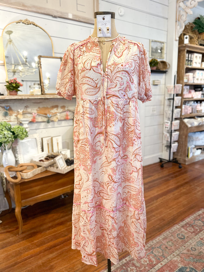 cream and pinks paisley print dress midi length umgee clothing 