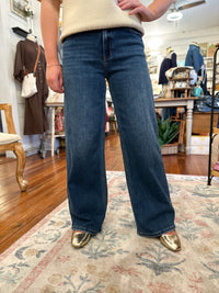 dark wash wide leg jean 
