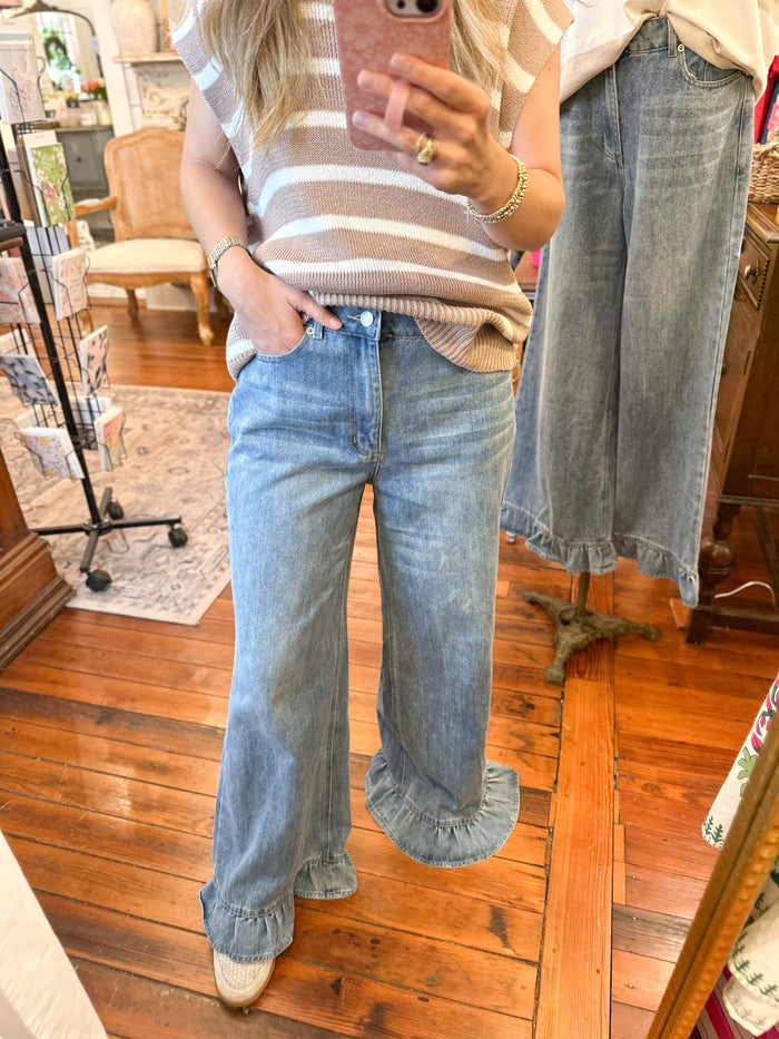 light wash ruffle hem jeans denim 