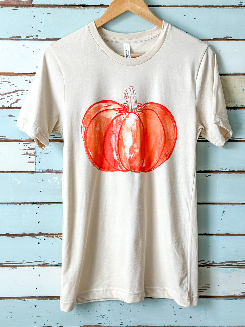 tan bella tee with orange pumpkin