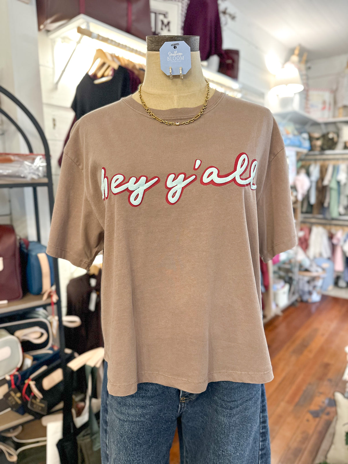light brown hey yall tee crop fit poppy pine