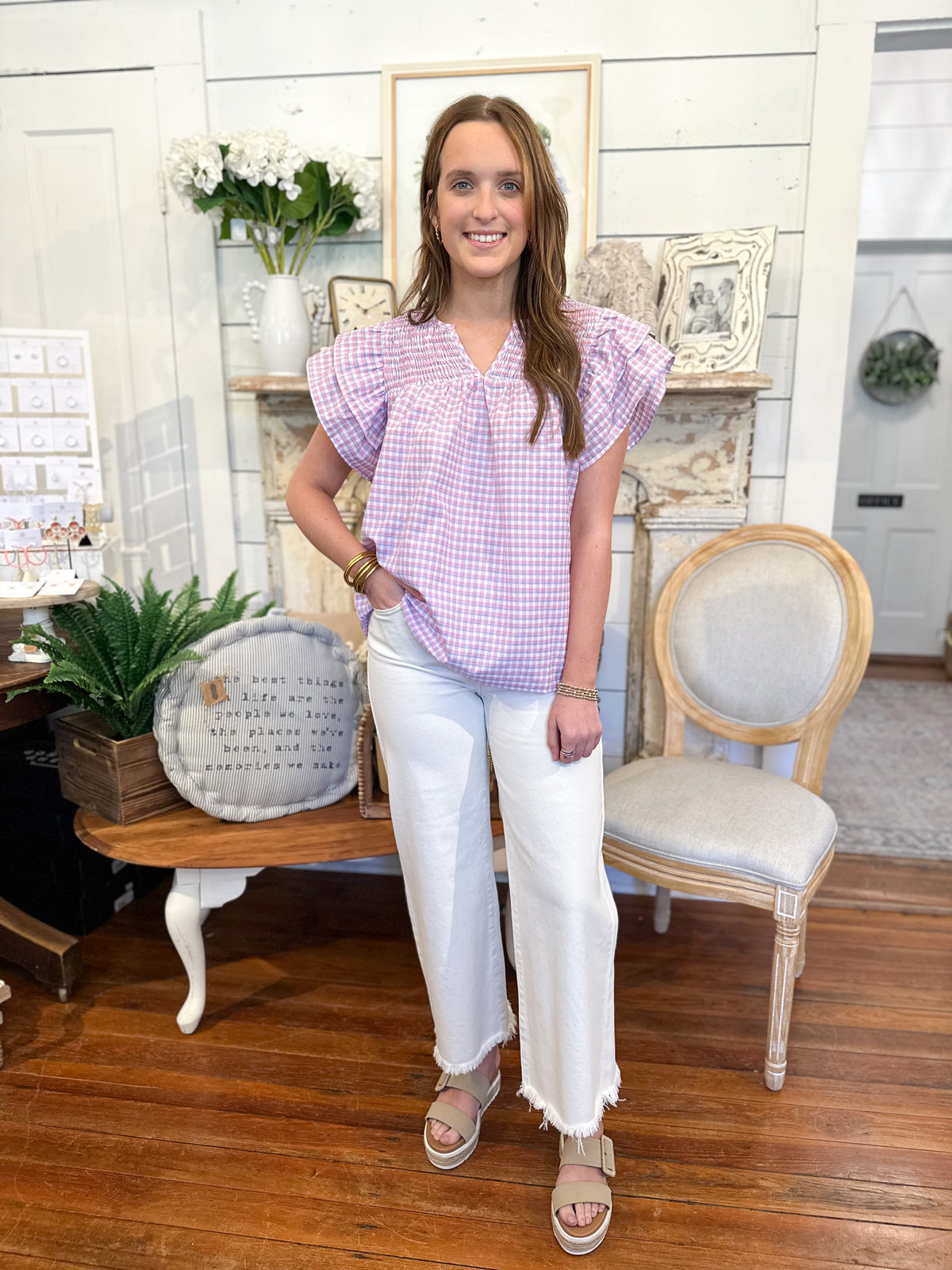 light pink and blue checkered top with ruffle sleeves washco annalise top. 