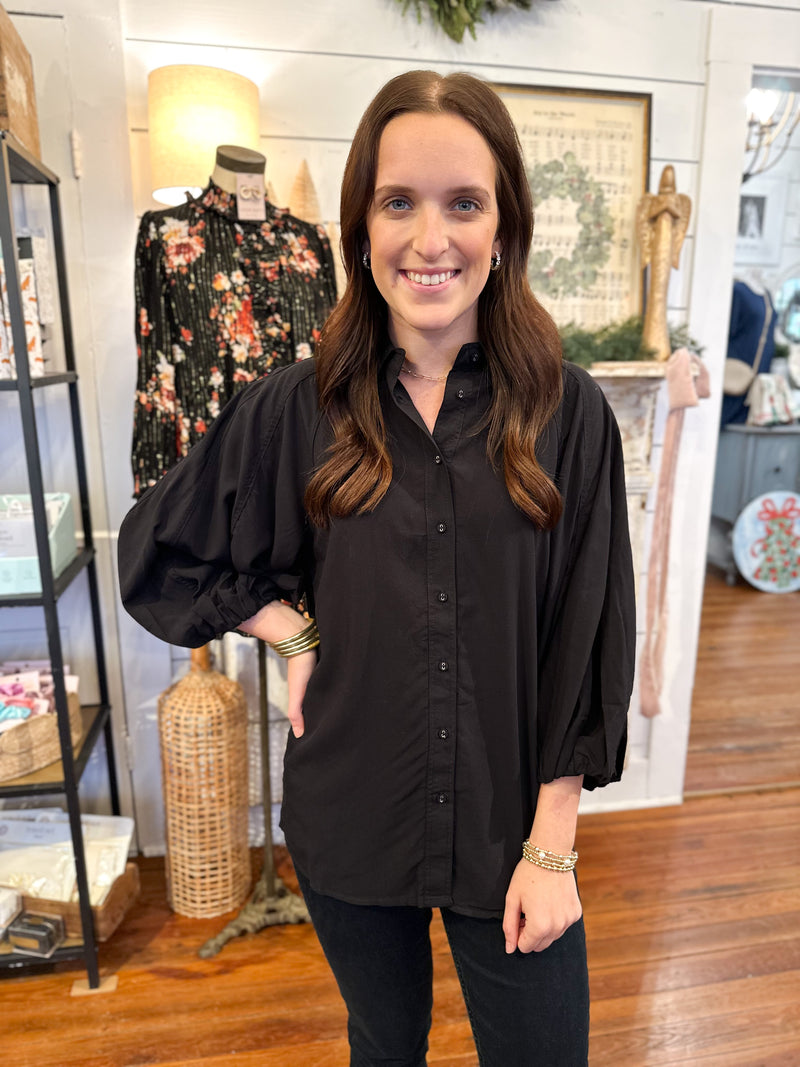 black button down balloon sleeve top