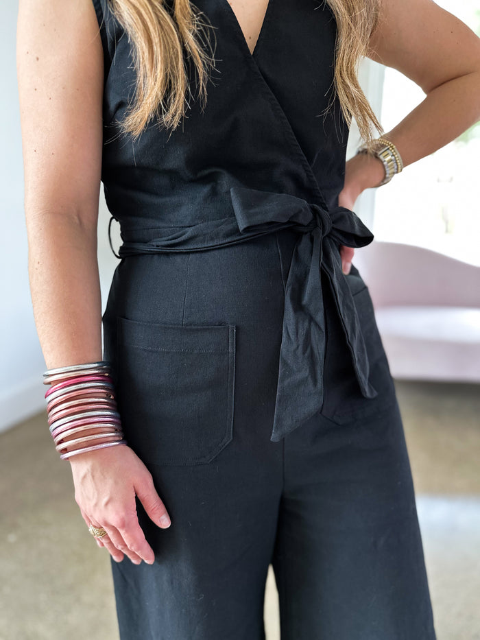 black jumpsuit with tie at waist 
