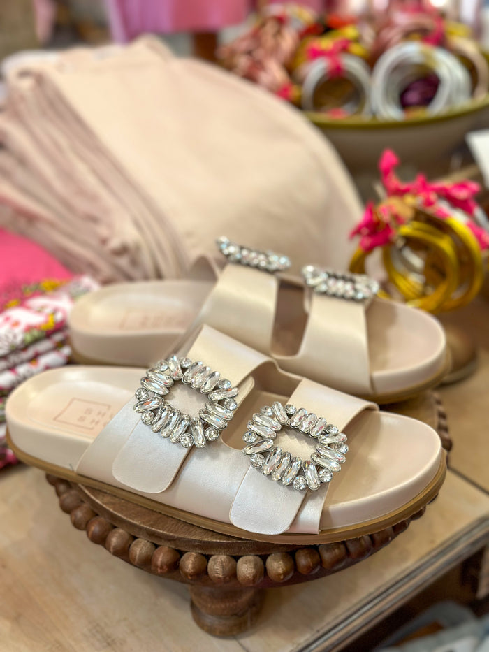 bone color sandal with jewels on the straps
