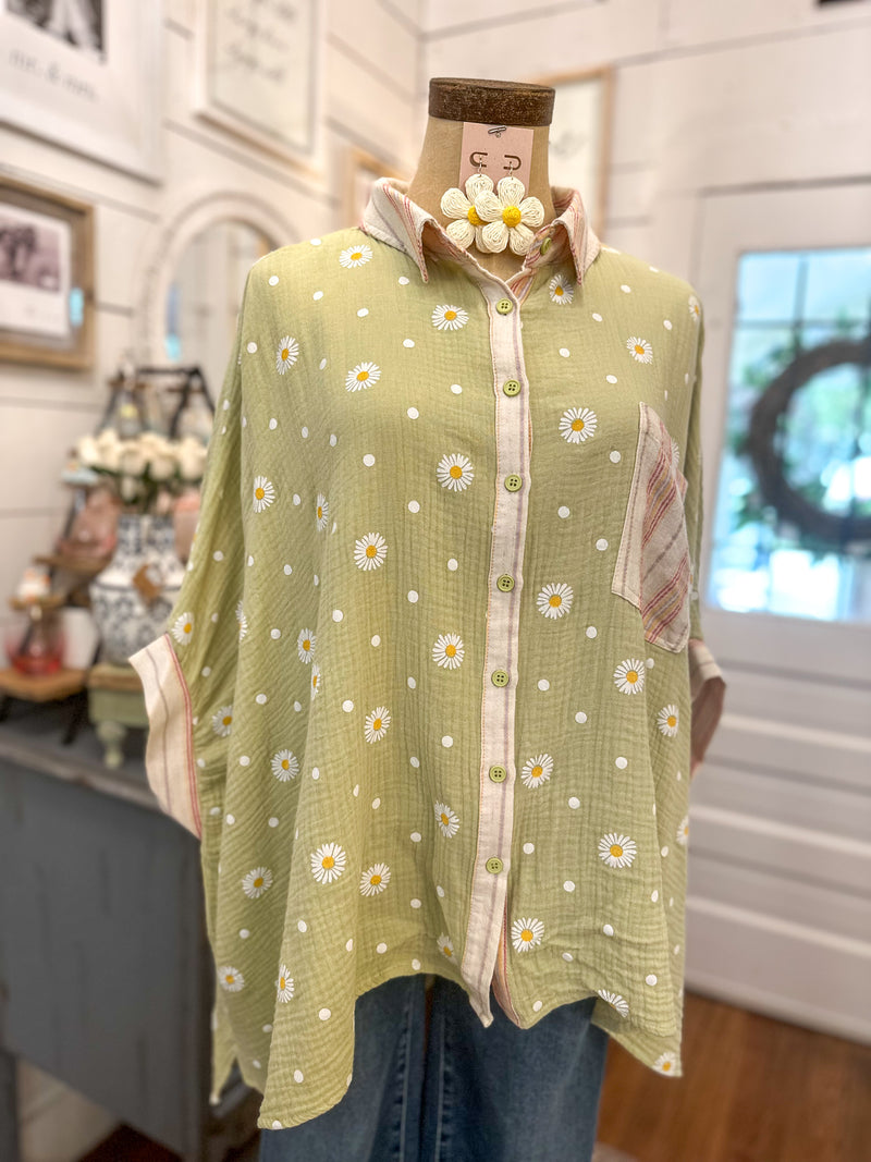 light green white daisy print top from easel with pocket on the front