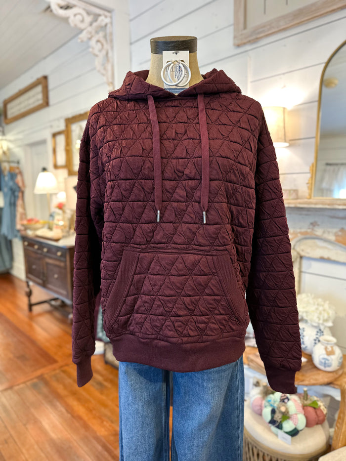 deep wine color quilted style hooded top 