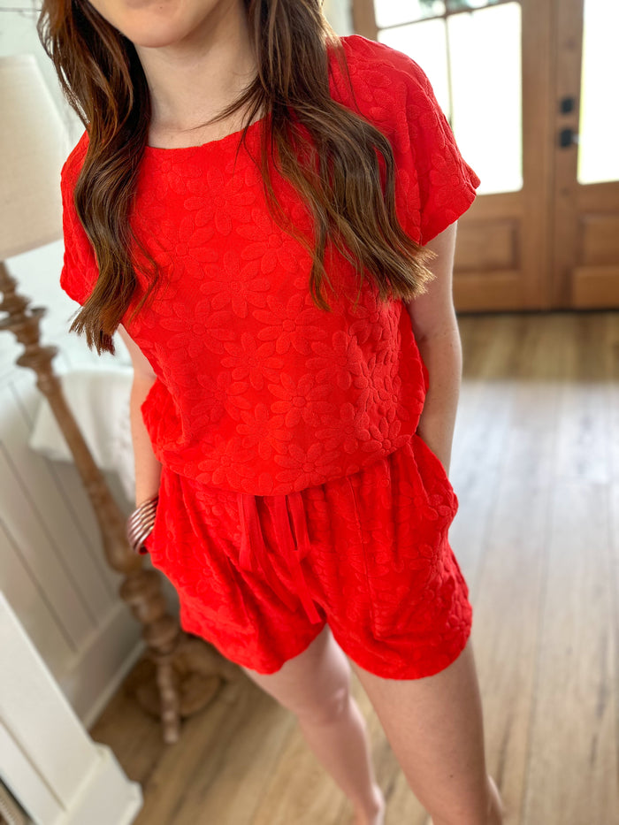 red flower terry cloth like romper