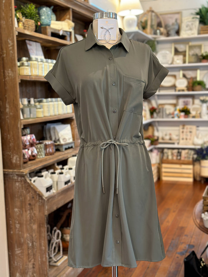 sage green button down dress athletic style dress with drawstring waist 