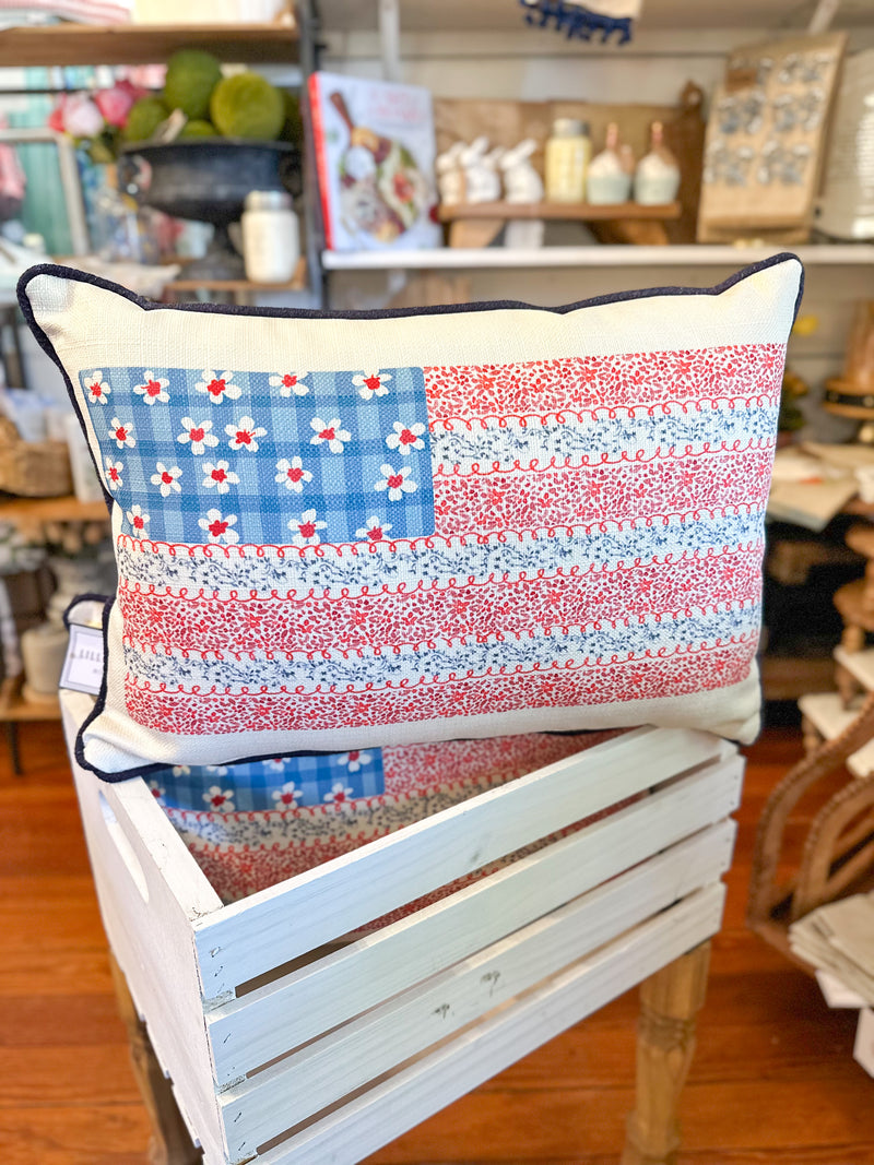 blue and red floral flag pillow 