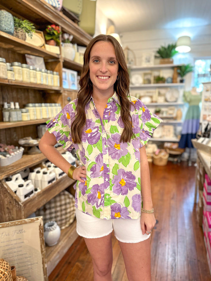 purple and green floral button down top