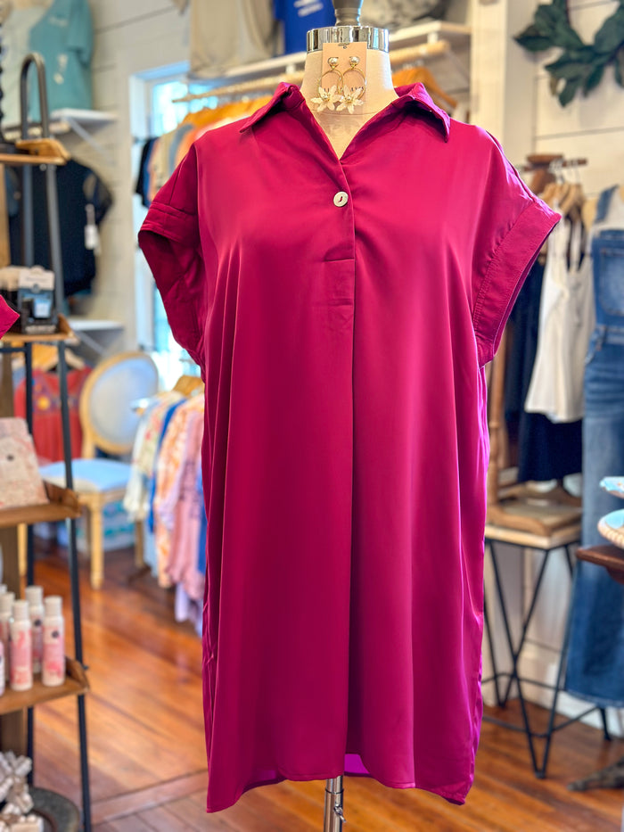 magenta polyester blend dress with cap sleeve and pockets