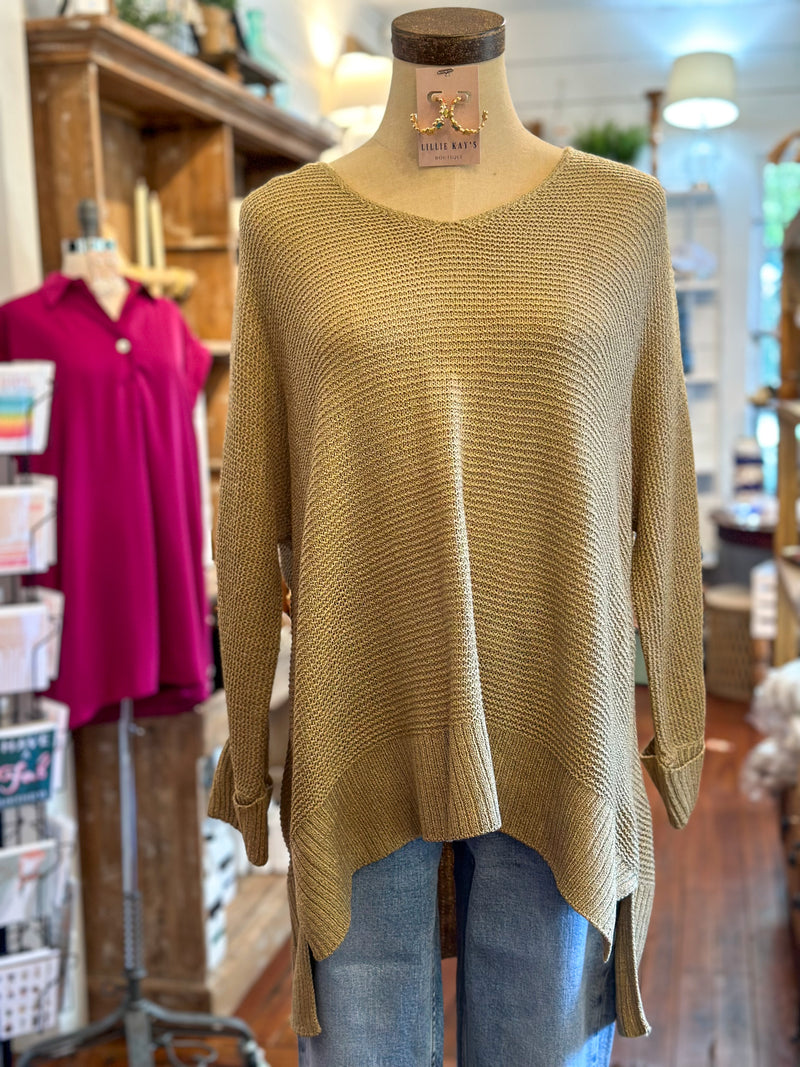 golden green light weight sweater with side slits