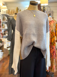 grey, tan white colorblock sweater 