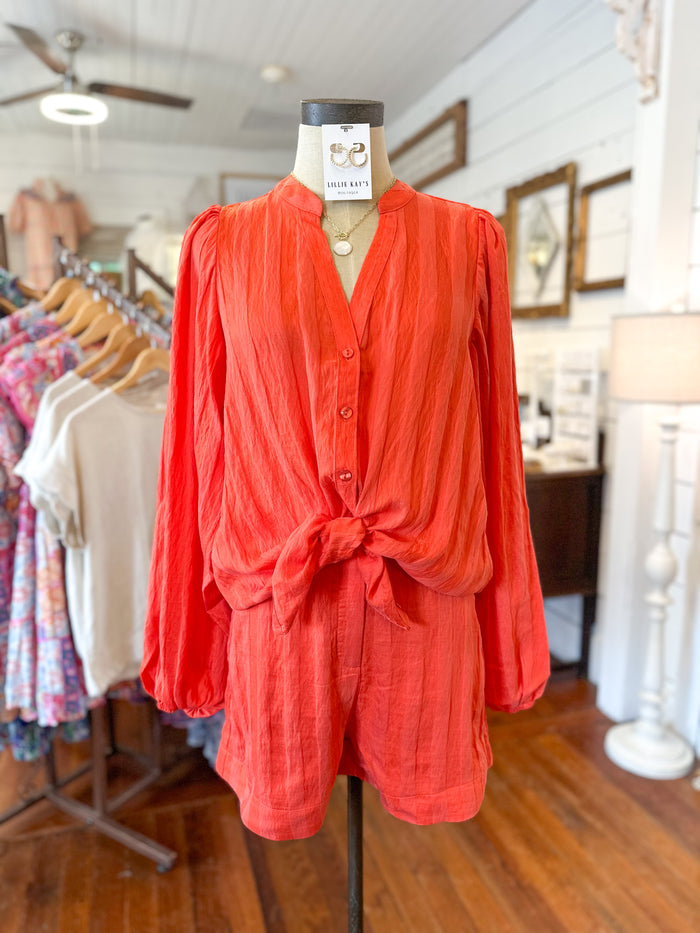 coral orange matching set with button down top 
