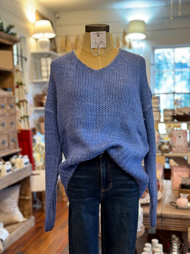 blue knit sweater v neck 