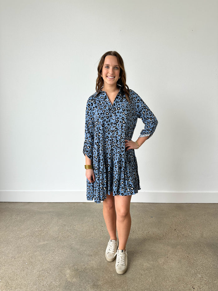 blue print ruffle dress with buttons