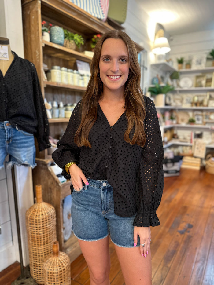 black eyelet lace detail top with buttons 