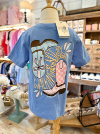 Walk by faith toddler girl tshirt in blue with boot design 