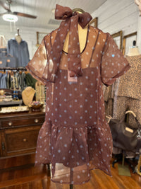 A sheer brown mesh dress with white polka dots and a matching bow at the neckline, displayed on a mannequin in a clothing boutique.