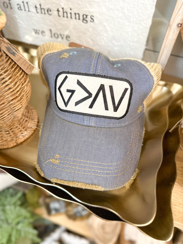 Denim cap with a logo on a decorative surface