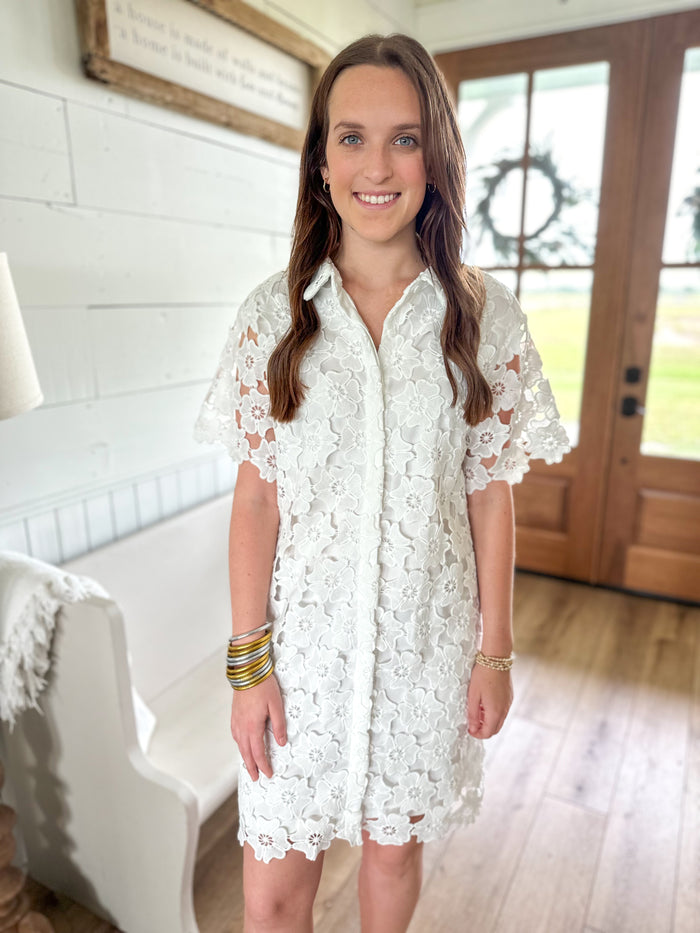 white flower overlay style button down dress
