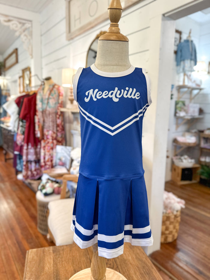 NEEDVILLE YOUTH SIZE CHEER DRESS ROYAL BLUE AND WHITE