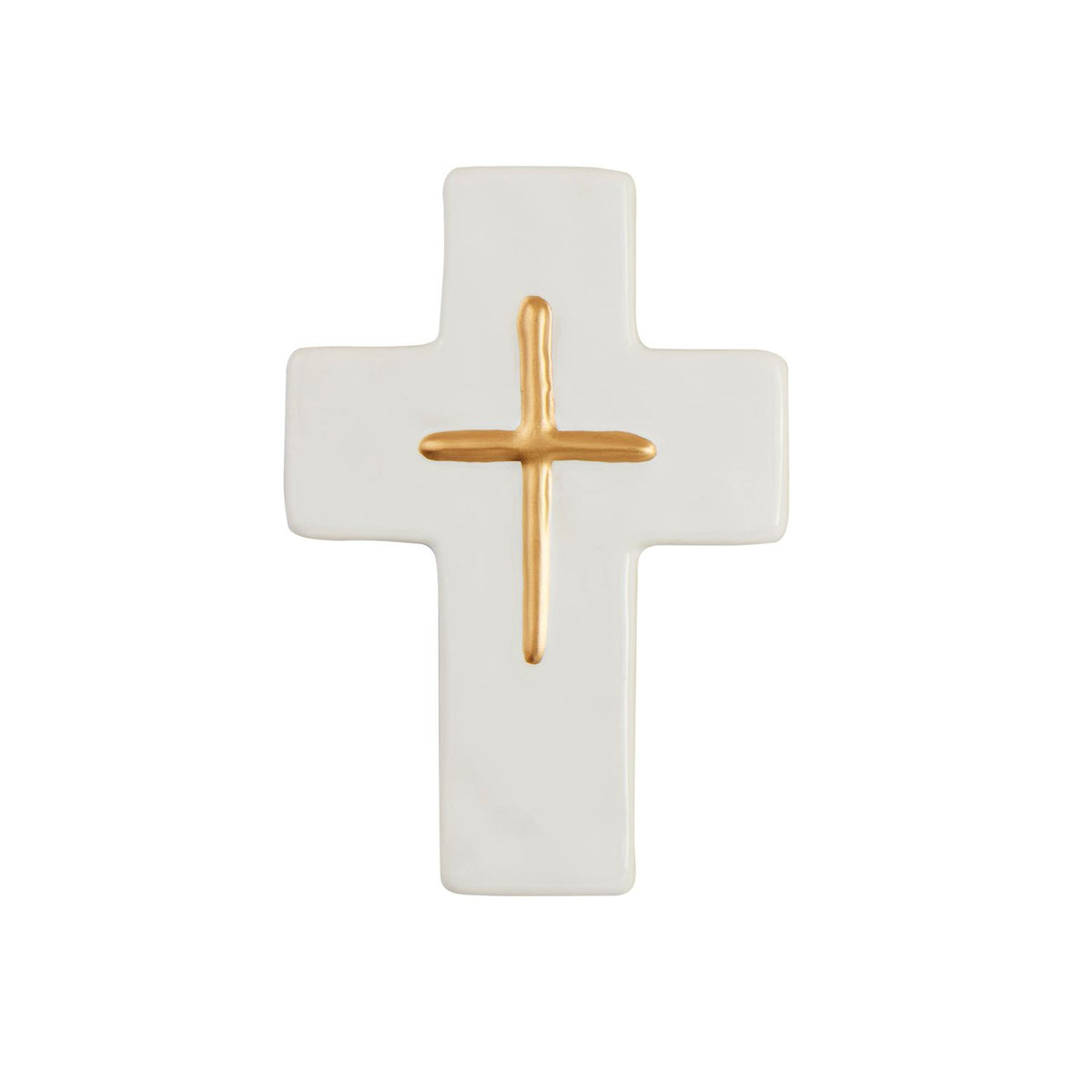 A ceramic cross with a gold-colored thin line detailing in the center. mud pie 