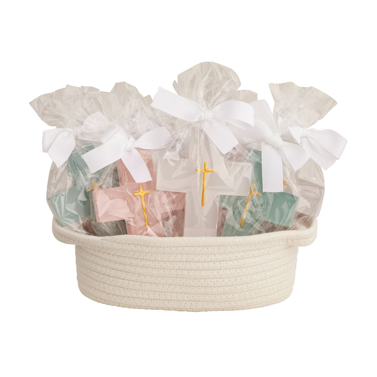 Gift basket with wrapped items and a cross design on a white background mud pie giftable crosses 