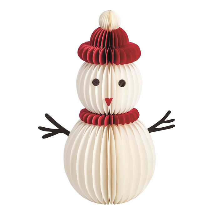 Decorative snowman made of paper with a red hat and scarf on a white background