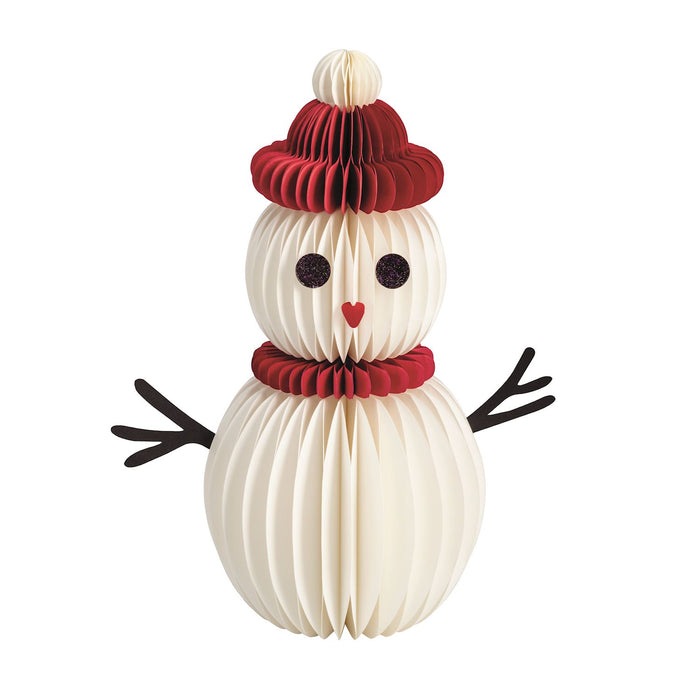 Foldable snowman decoration with a red hat and scarf on a white background