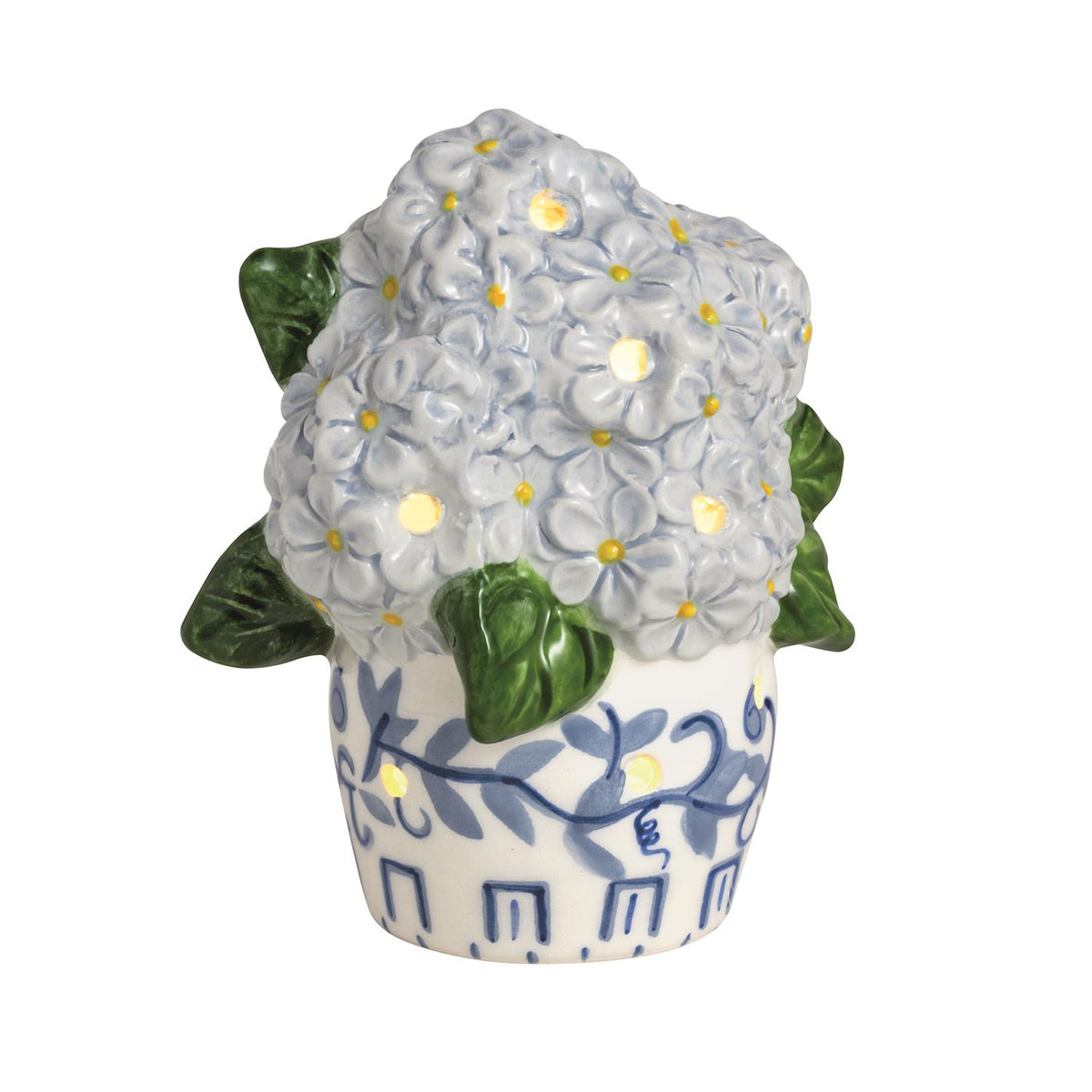 Decorative ceramic pot with white flowers and blue patterns on a white background light up sitter from mud pie 