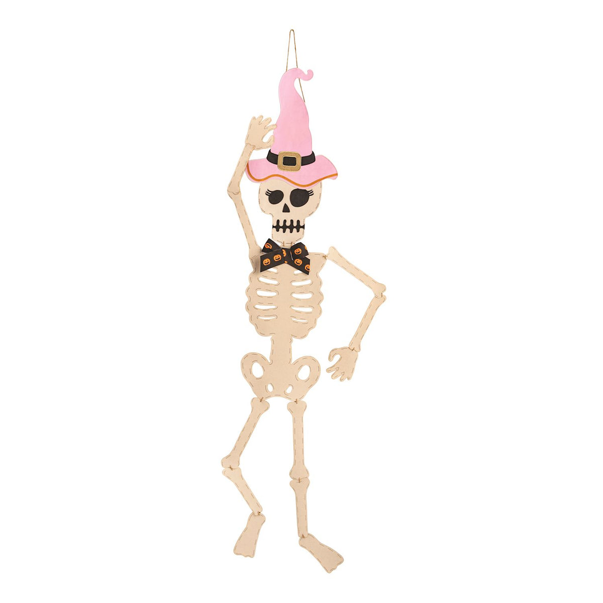 Skeleton decoration with a pink witch hat on a white background mud pie