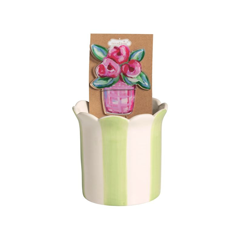 green and white stripe plant holder and floral stake 