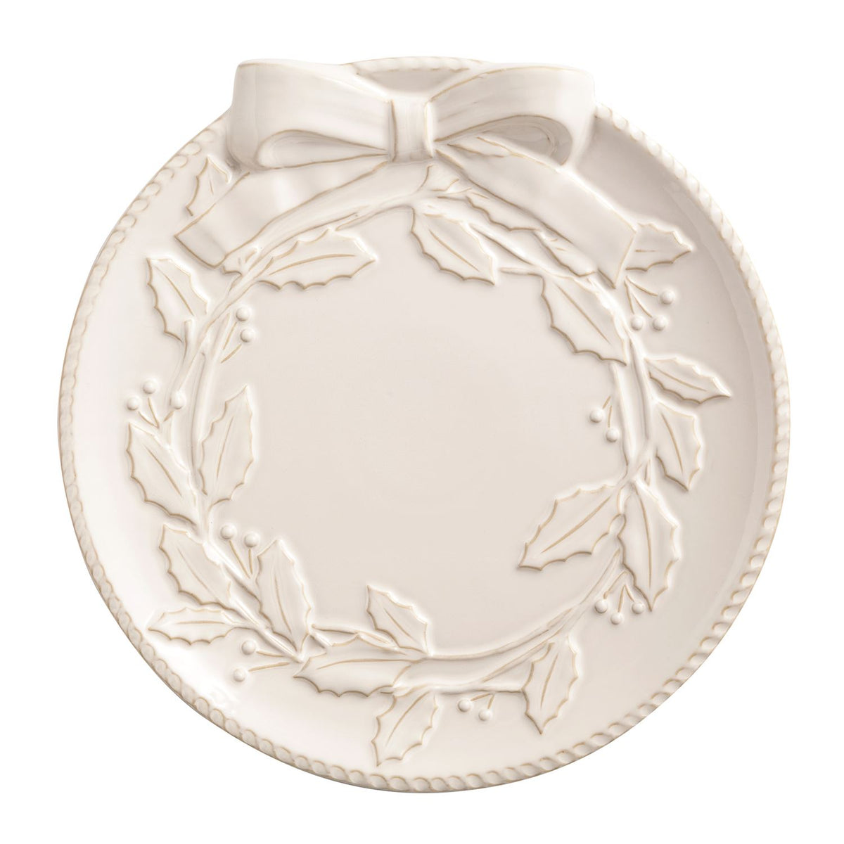 Decorative plate with wreath design and bow on a white background