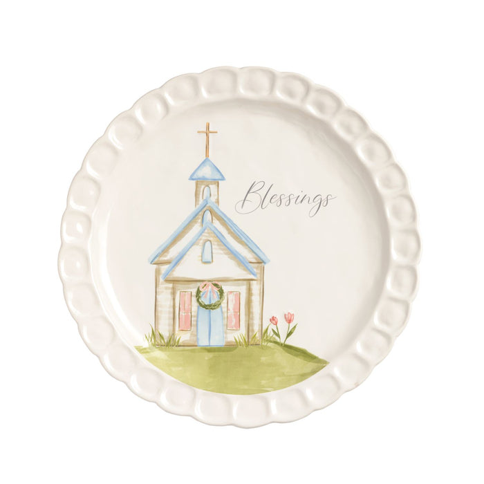 Decorative plate with a church illustration and 'Blessings' text on a white background mud pie 