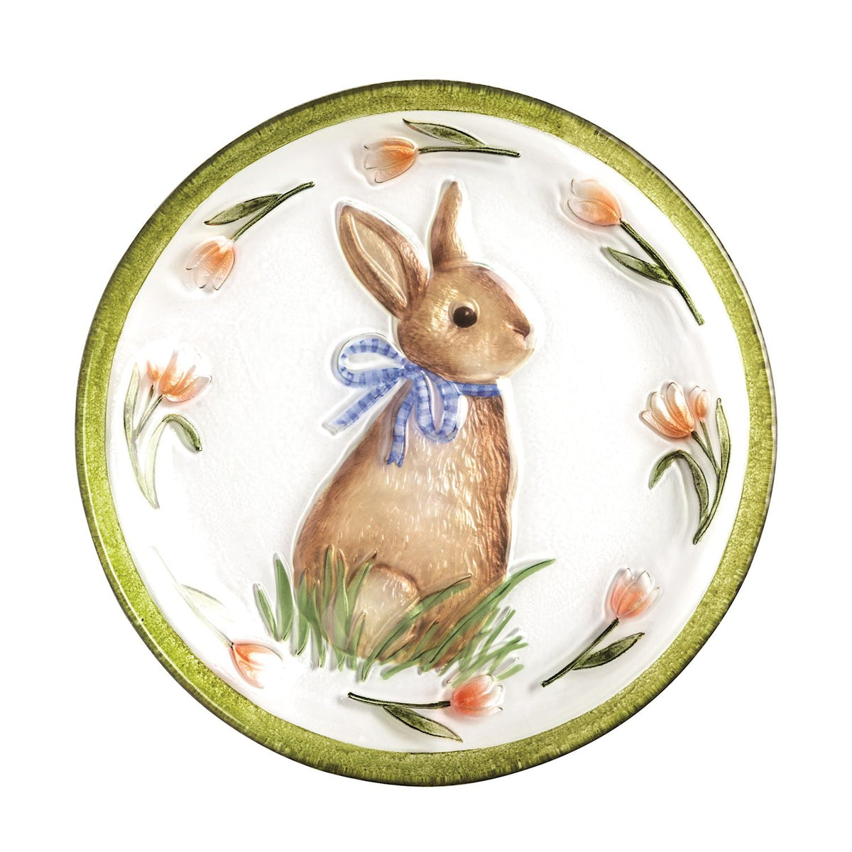 Decorative plate with a rabbit design and floral elements on a white background mud pie 