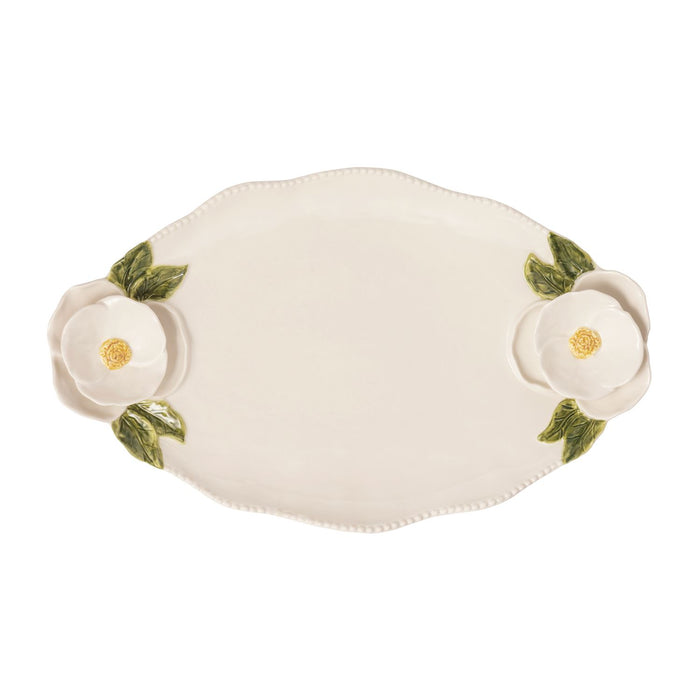 Decorative oval plate with floral handles on a white background mud pie 
