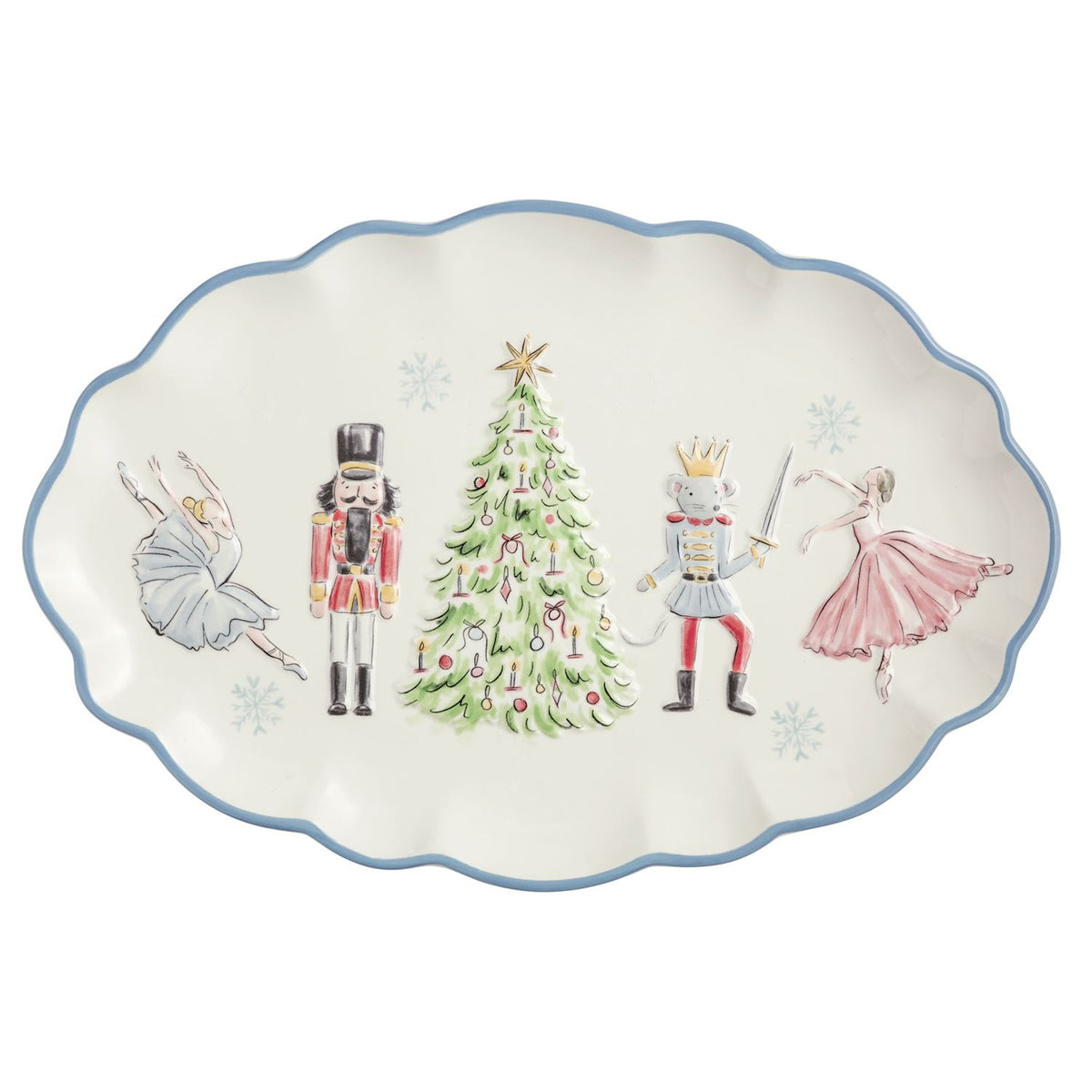 An oval ceramic serving platter with a scalloped edge, featuring a festive holiday illustration of a nutcracker, a princess, a prince, and a ballerina around a decorated Christmas tree on an off-white background with a blue rim. mud pie  nutcracker blue scallop platter 