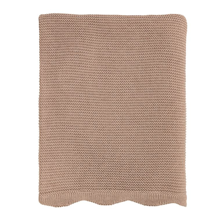 crochet tan blanket with a scalloped edge in a soft brown color on a white background