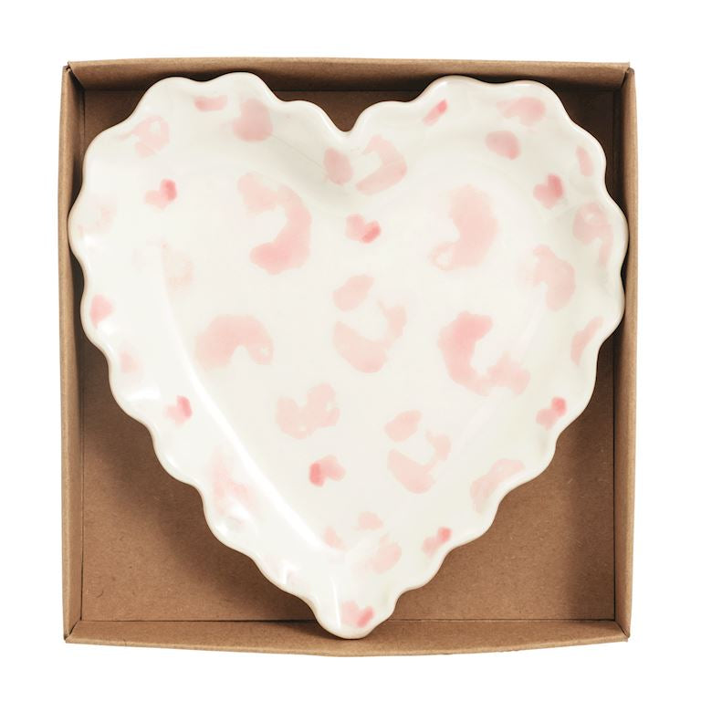 Heart-shaped ceramic dish with pink leopard print pattern in a brown box