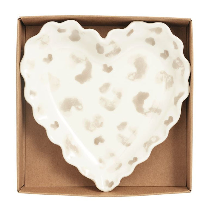 Heart-shaped ceramic dish in a brown box