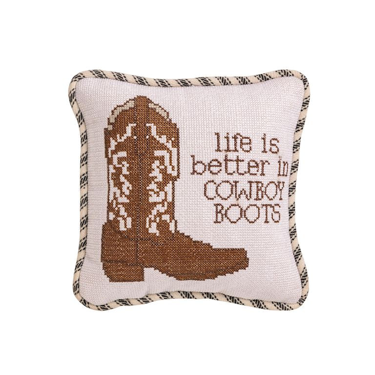 Decorative pillow with a cowboy boot design and text on a white background mini needlepoint design 