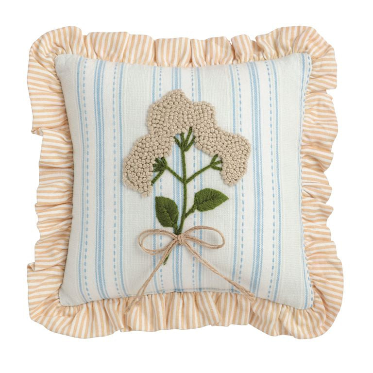 Decorative pillow with floral embroidery and ruffled edges on a white background
