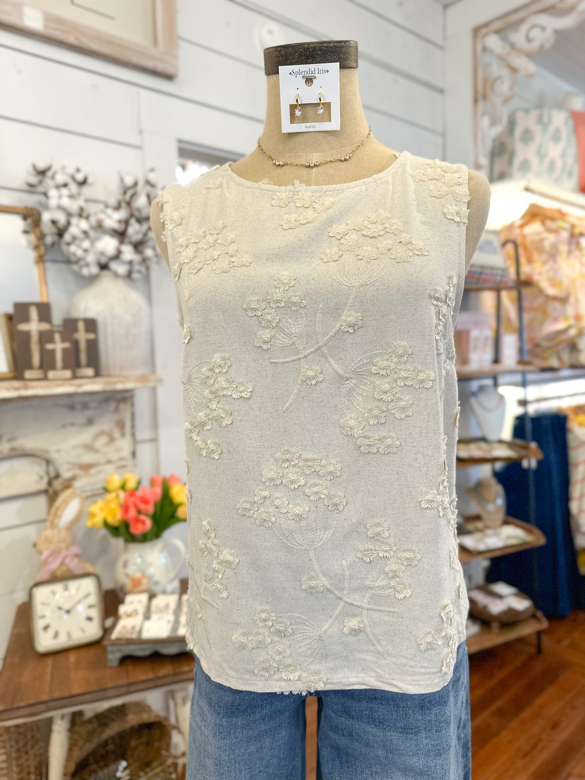 light tan embroidered applique sleeveless top linen blend 
