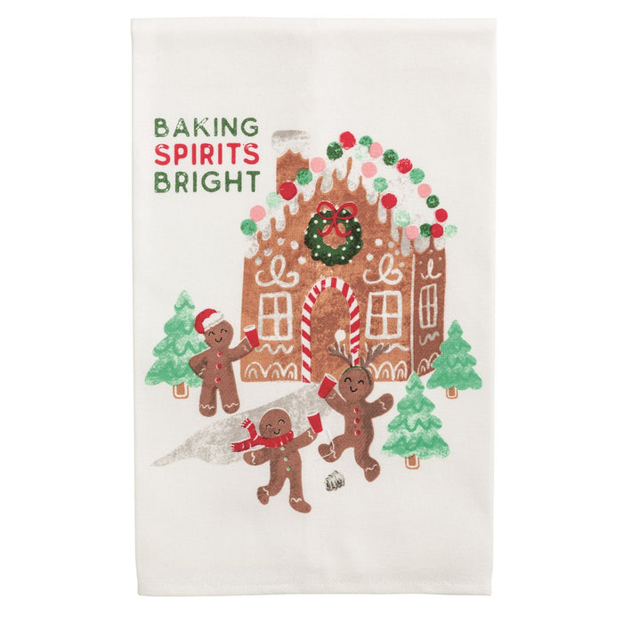 Decorative towel with gingerbread design and 'Baking Spirits Bright' text on a white background