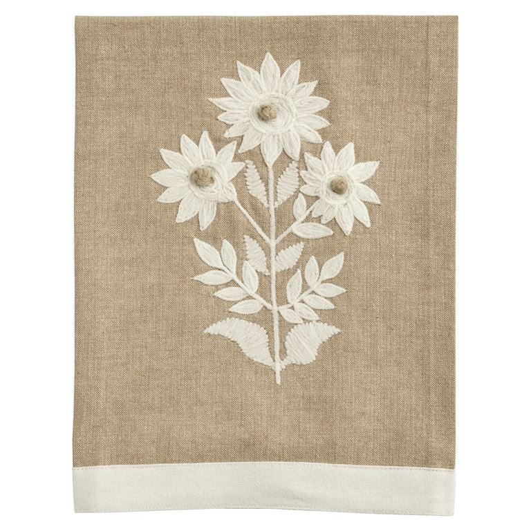 tan chambray Textile with white floral design on a beige background