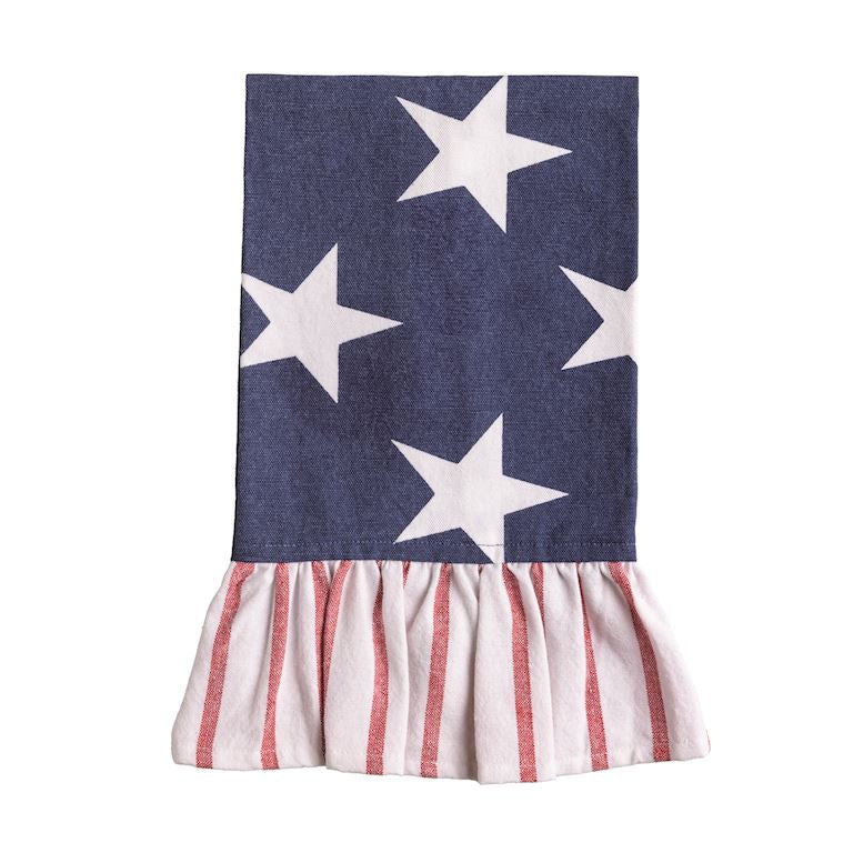 kitchen towel with white stars on a blue background and red and white striped bottom