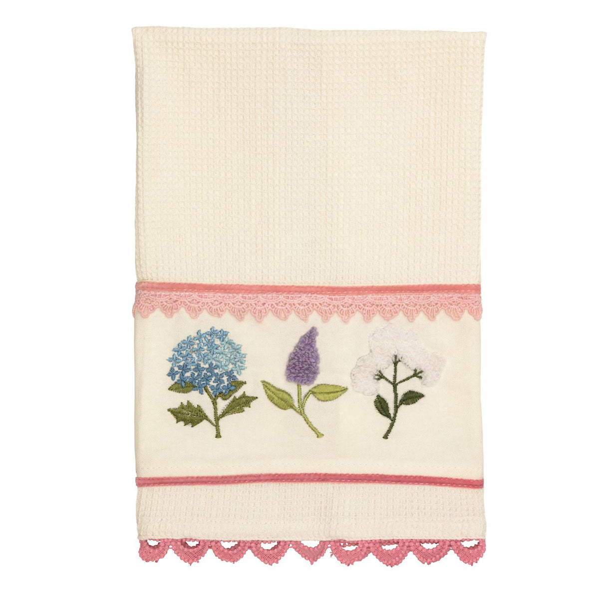 Embroidered towel with floral designs and a pink border on a white background