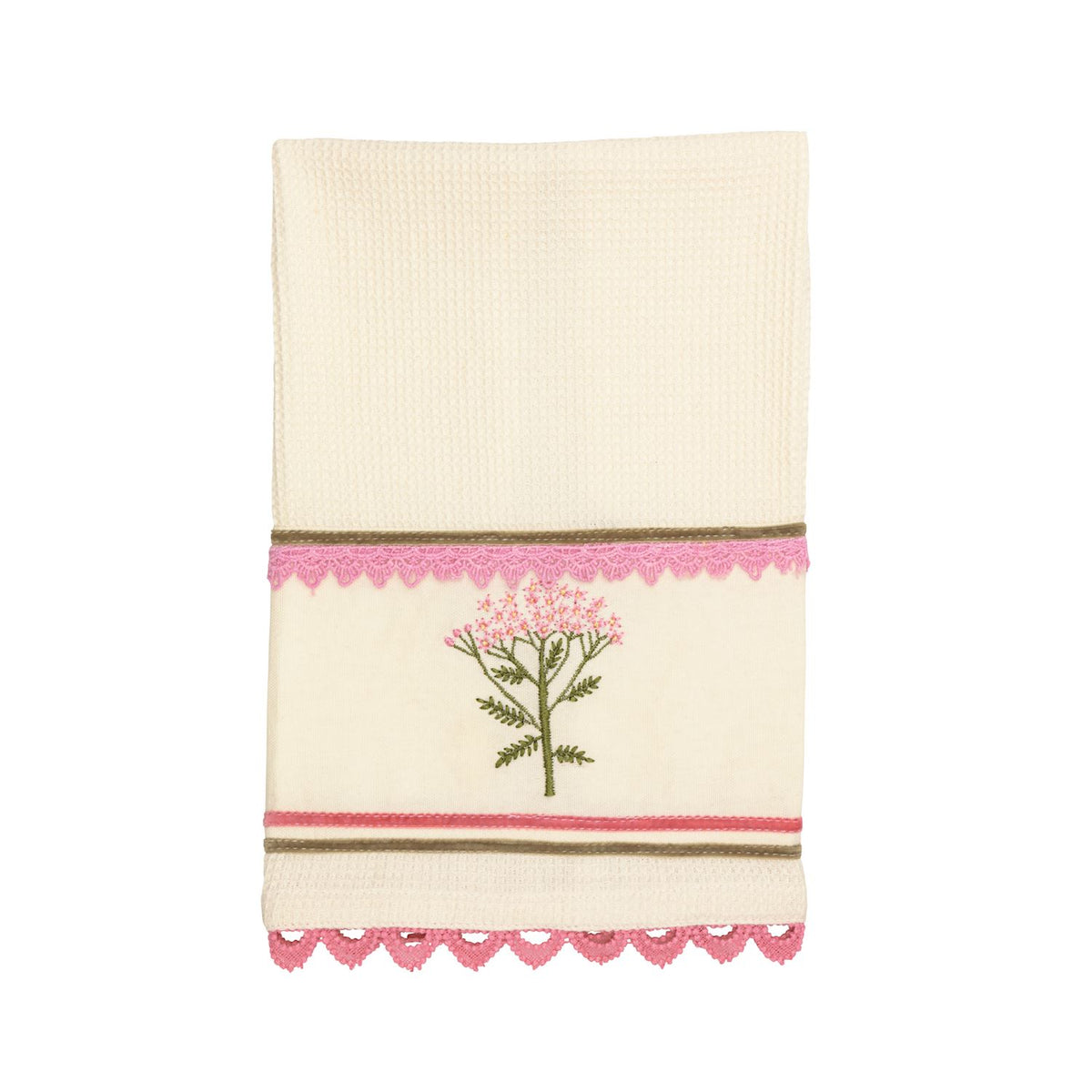 Decorative towel with floral embroidery and pink trim on a white background mud pie 